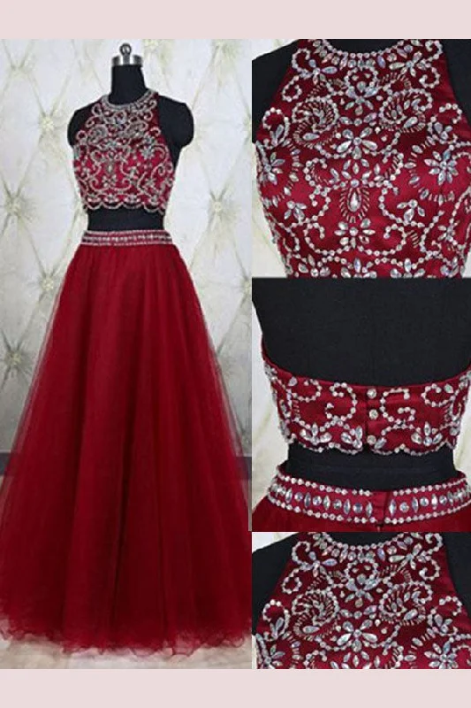 Women's Clothing Outfit Set A Line Two Pieces Sleeveless Burgundy Jewel Tulle Beading Floor-Length N748