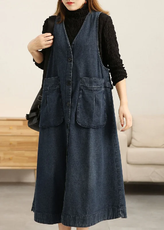 Women's Travel Outfit Set Beautiful Denim Blue V Neck Patchwork Pockets Cotton A Line Dress Sleeveless