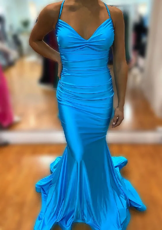 Women's Casual Wear Outfit Mermaid V Neck Sleeveless Sweep Train Prom Dress With Pleated  Y6611