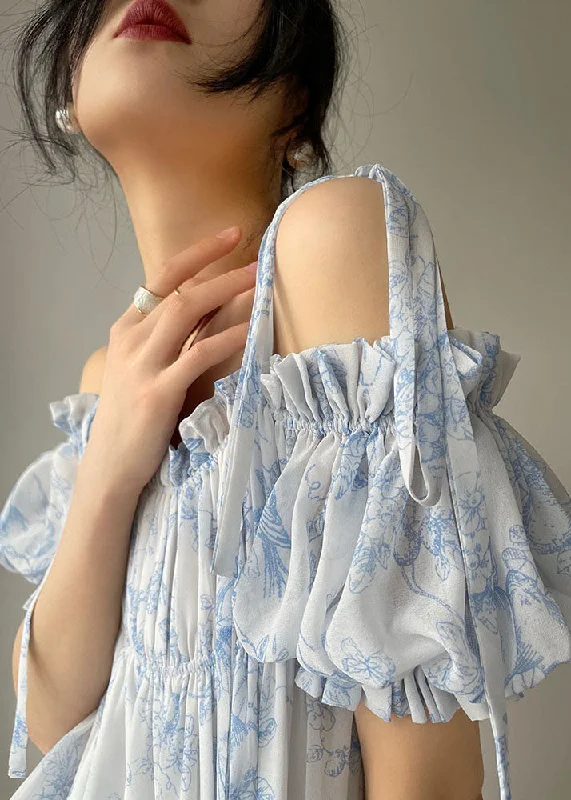 Modern Women's Outfit Bohemian Light Blue Ruffled Wrinkled Print Chiffon Spaghetti Strap Dresses Sleeveless