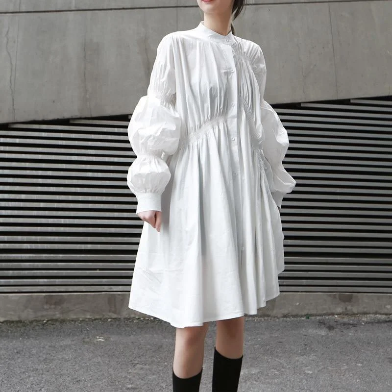 Women's Fashion Clothes Hotaru Long Sleeve Pleated Shirt Dress - White