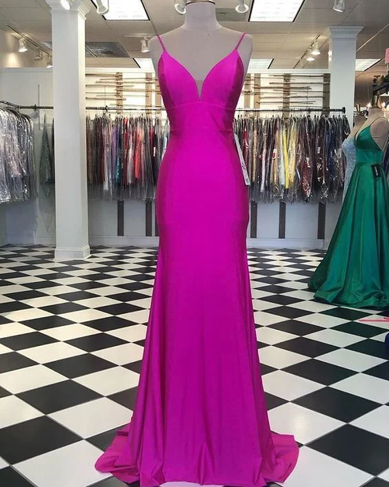 Women's Tops And Clothing Simple Spagehtti Straps Fuchsia Satin Mermaid Prom Dress   cg15192