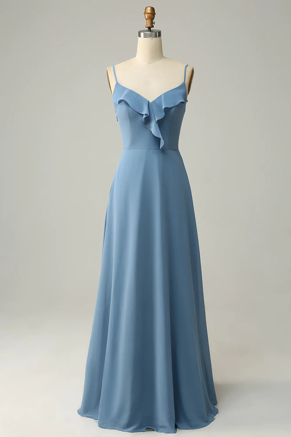 Women's Fashion-Forward Apparel A Line Spaghetti Straps Grey Blue Long Bridesmaid Dress with Ruffles