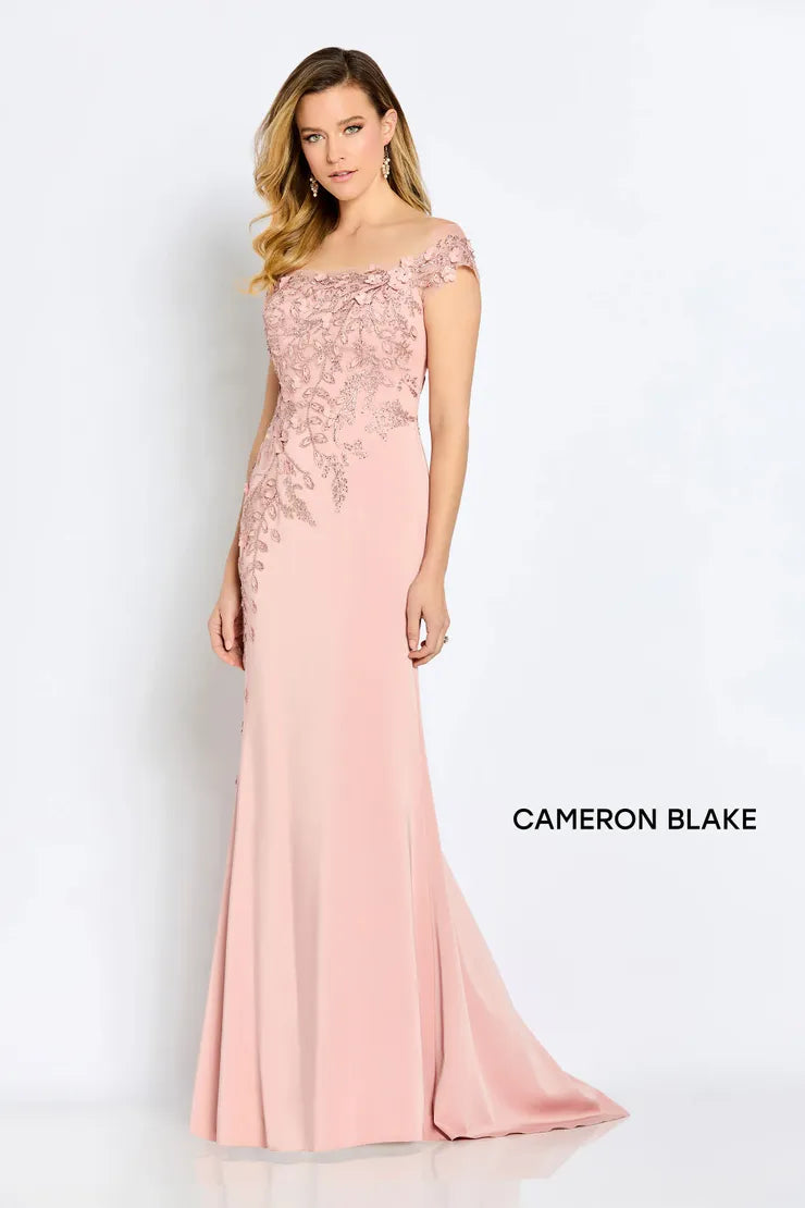 Casual Chic Clothing For Women Cameron Blake CB102 Lace Applique Off Shoulder Gown