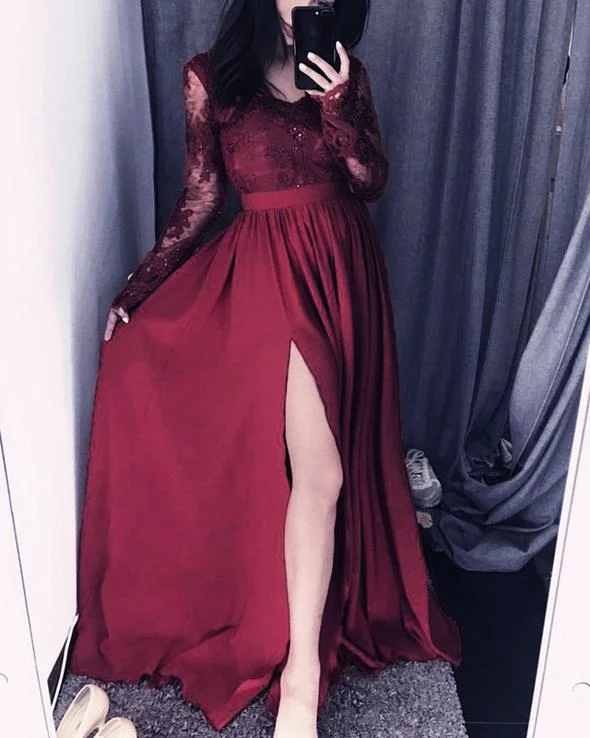 Women's Clothes For Special Occasions Elegant Lace Long Sleeves V Neck Split Satin Dress prom dresses    cg20218