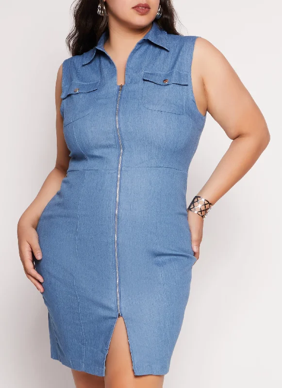 Women's Transitional Apparel Effortless Style Plus Size Zip Front Denim Shirt Dress