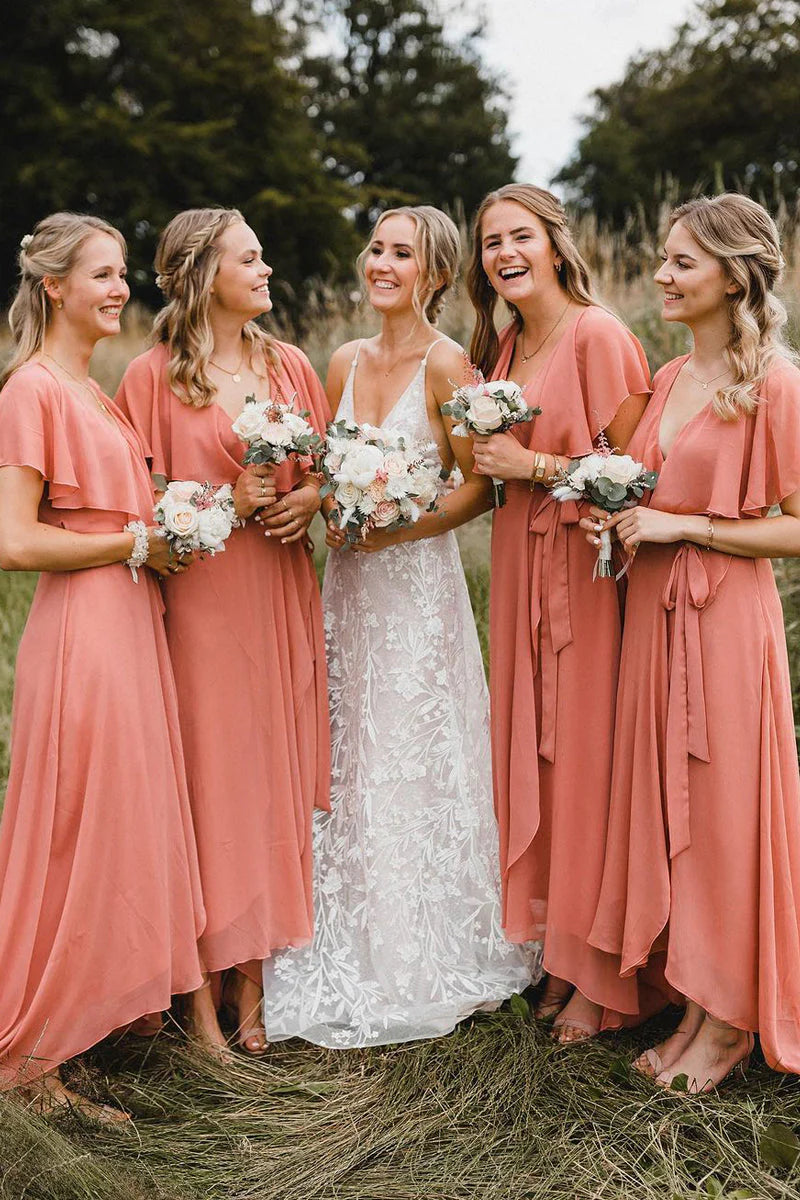 Women's Stylish Outdoor Outfit Bridesmaid Dresses Simple A-Line Coral Chiffon Long