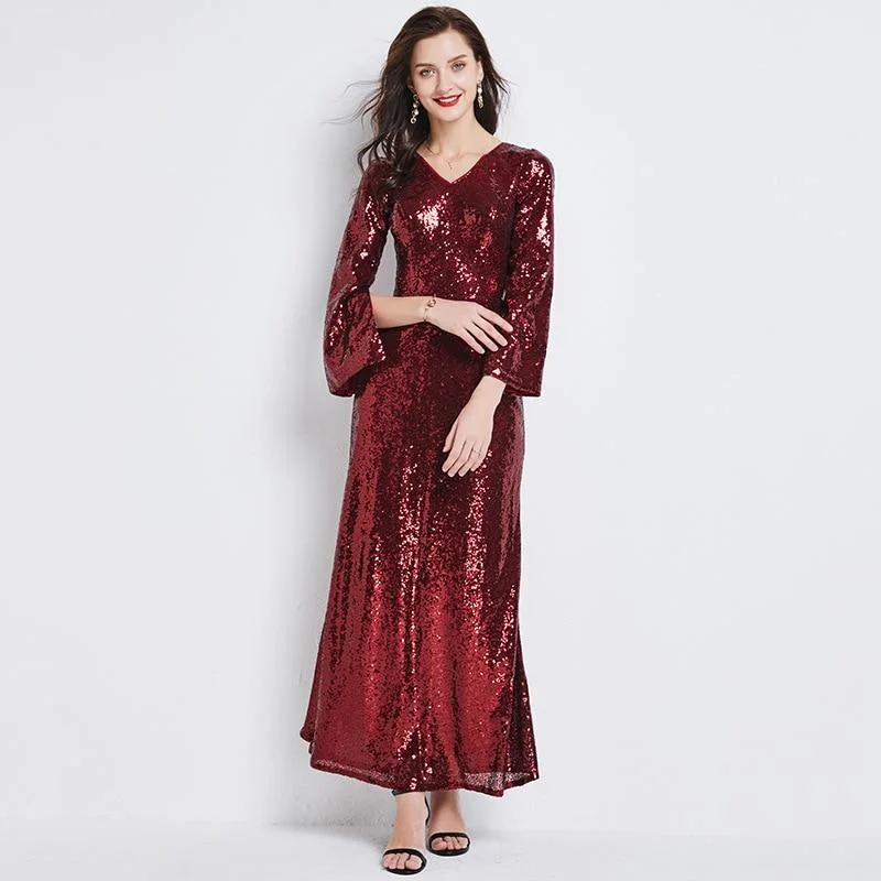 Women's Athletic Clothes FashionSierra - Sexy V Neck Long Sleeves Sequined Fashion Casual A Line Dress