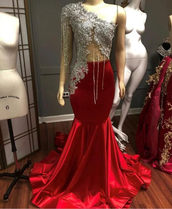 Women's Cozy Winter Attire Luxury Red Satin Evening Dresses With Crystal Beaded One Shoulder Mermaid prom dress    cg21146