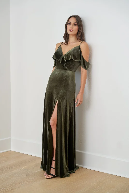 Casual Chic Women's Clothes Jasmine B253063 Stretch Velvet A-line Gown with V-Neckline and Soft Ruffled Bodice and Sleeves | Autumn Green