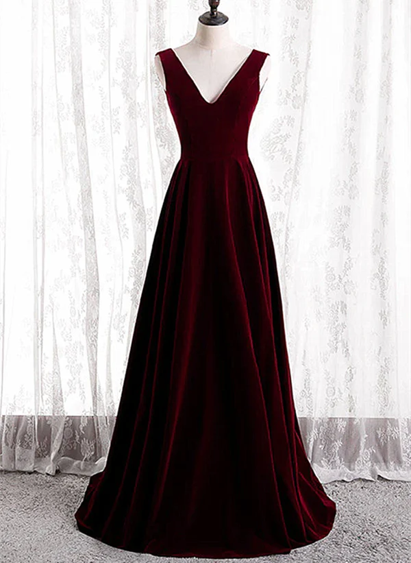 Affordable Women's Clothing A-Line Velvet V-neckline Sleeveless Long Party Dress Prom Dresses Bridesmaid Dress