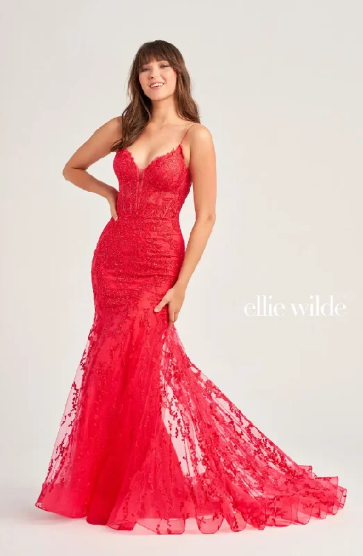 Fashionable Women's Casual Apparel Ellie Wilde 35010 Lace Bustier Style Gown With Godet Skirt