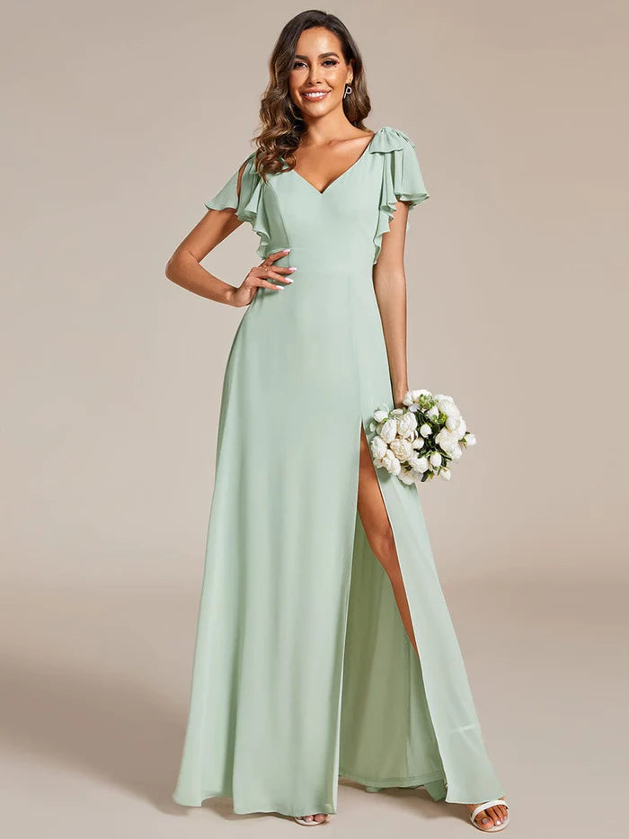 Women's Timeless Attire Short Sleeves with Bowknot High Front Slit A-Line Chiffon Bridesmaid Dress