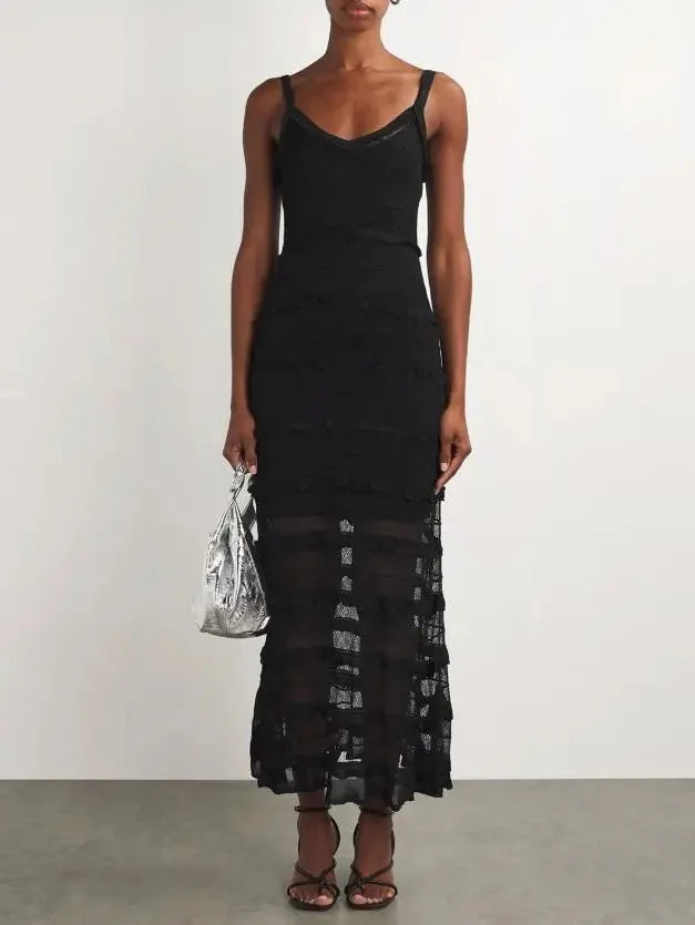 Women's Occasion Wear Clothing Black Crochet Long Knit Tiered Sleeveless Dress