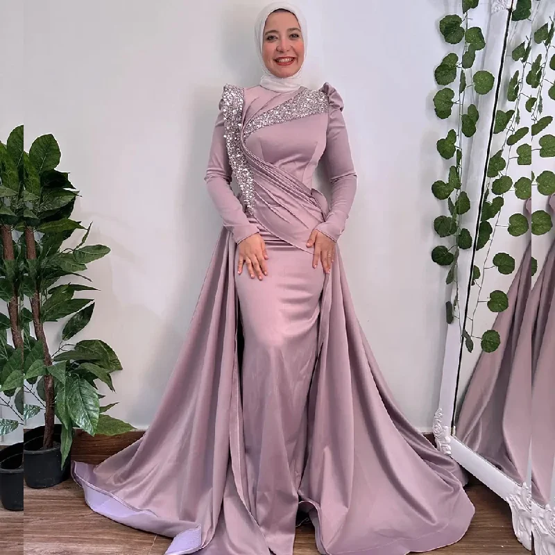 Women's Vacation Clothes Dusty Pink Mermaid Evening Dresses with Overskirt Long Sleeves Sweep Train Pleats Sequined Beading Hijab Women robe de soirée