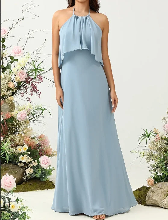 Women's Trendy Clothes A Line Halter Neck Blue Long Bridesmaid Dress