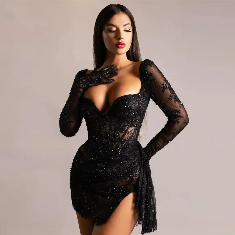 Women's Plus-Size Garments Square Collar Long Sleeve Lace Mini Bodycon Dress HT20390