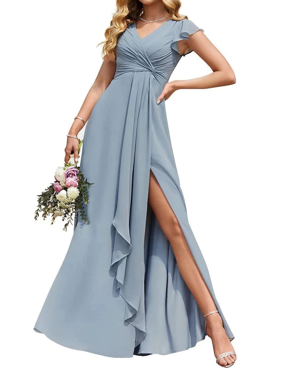 Women's Work Apparel Women‘s V Neck Chiffon Bridesmaid Dresses Long with Slit Ruffled Sleeve Empire Waist Formal Dress with Pockets