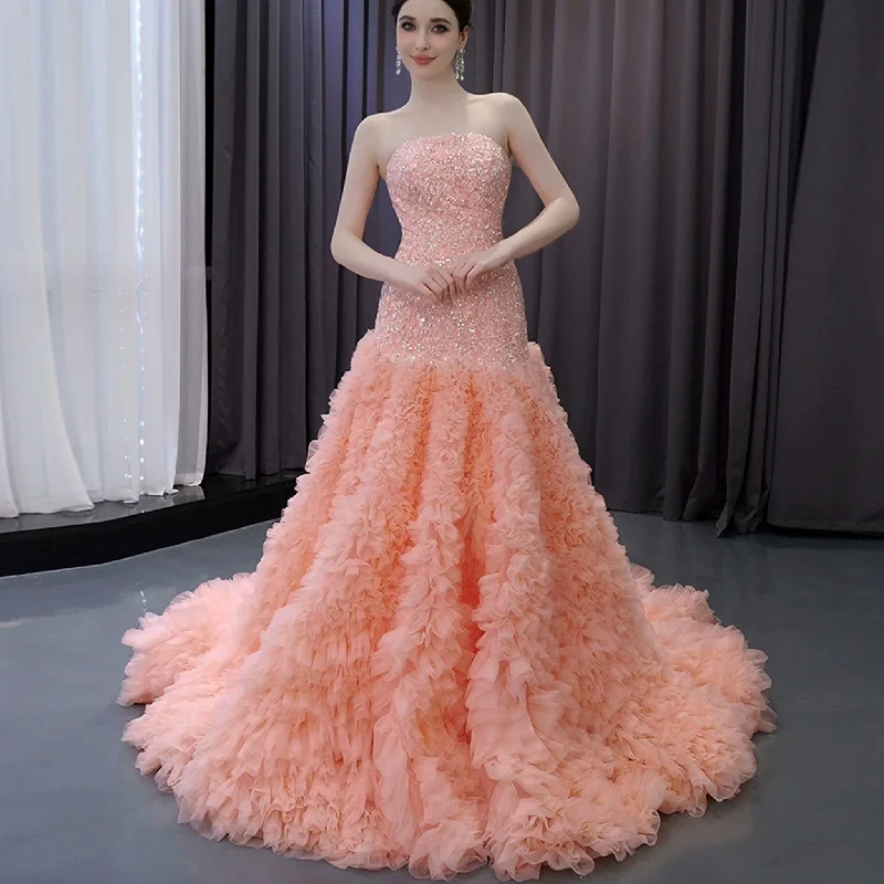 Women's Resort Garments High-end Handmade Ruffles Prom Dress Strapless Formal Gown