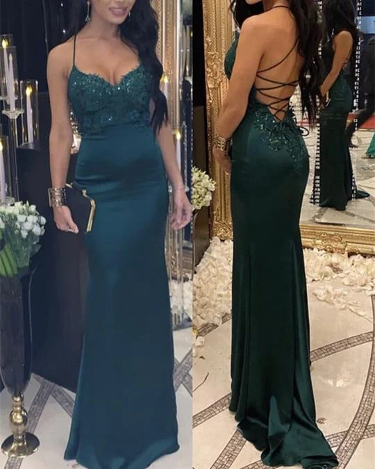 Women's Apparel And Garments Open Back Satin Mermaid Prom Dresses Lace Appliques   cg16956