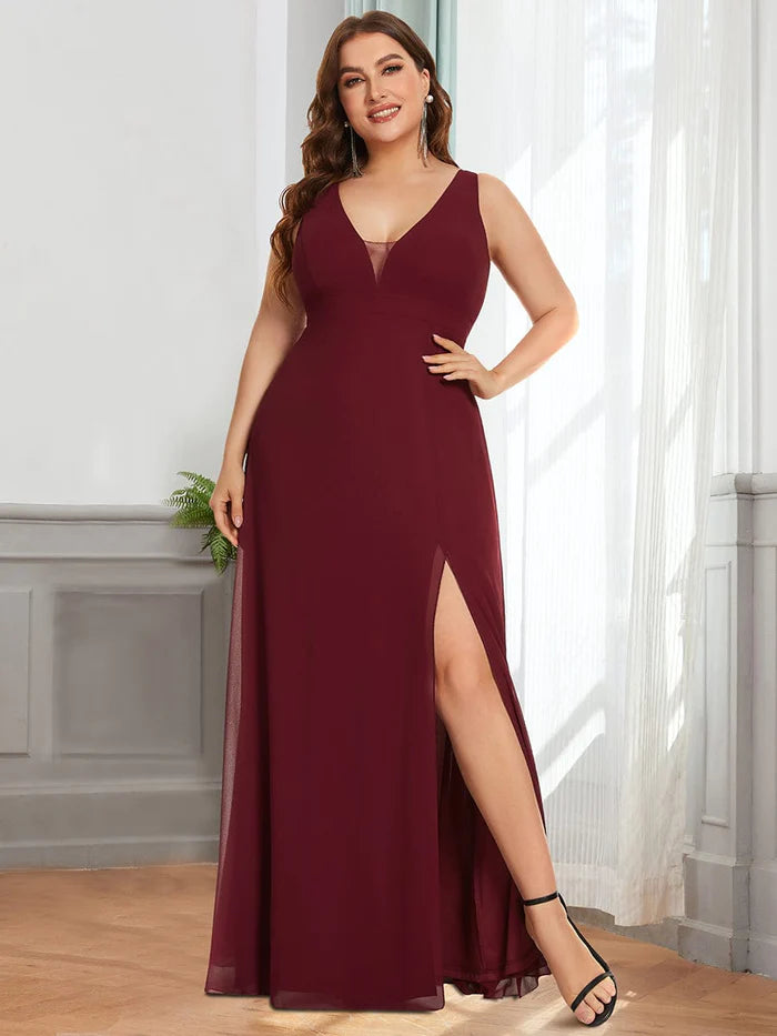 Women's Apparel Deep V Open Back Slit Long Plus Size Bridesmaid Dress