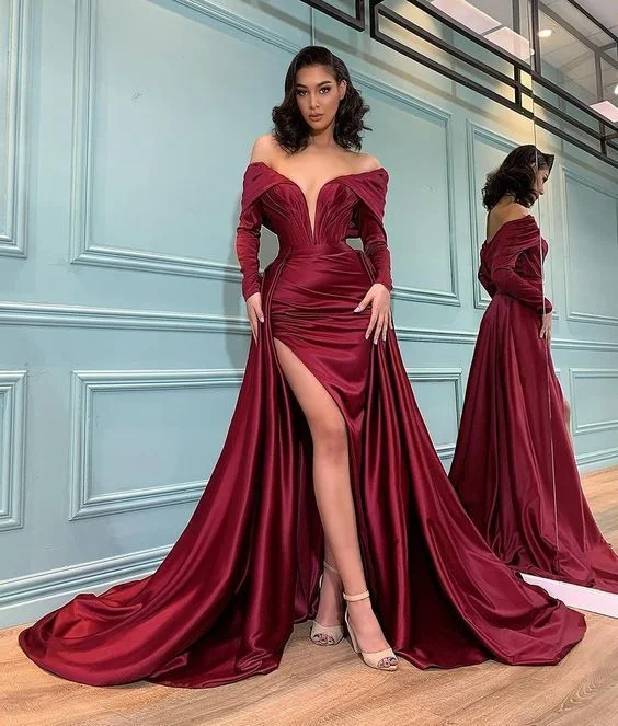 Women's Clothing And Garments Sets Off the shoulder deep v neck satin long prom dress, mermaid prom dress    cg17667