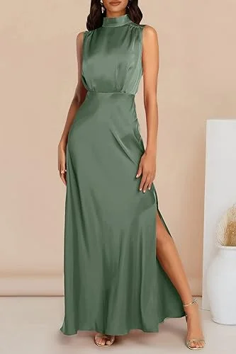 Women's Holiday Clothing A Line Sleeveless Mock Neck Satin Ankle-Length Bridesmaid Dresses