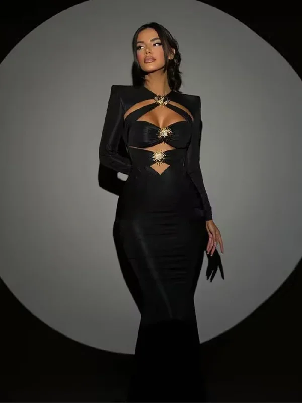 Modern Women's Apparel Round Neck Long Sleeve Fishtail Maxi Bandage Dress HL10015