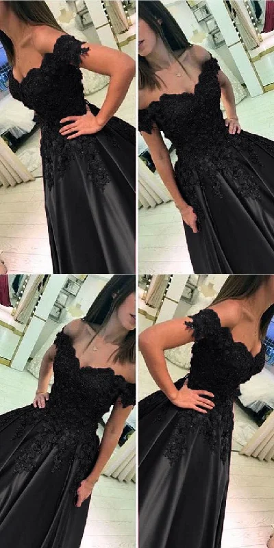 Women's Evening Attire Black prom dresses satin off shoulder ball gown evening dress cg2771