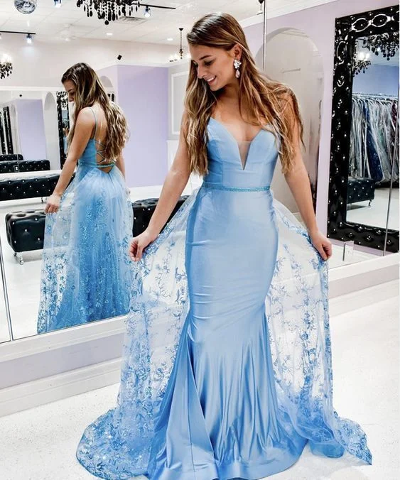 Women's Professional Garments Blue satin lace long prom dress,mermaid prom dress   cg18166