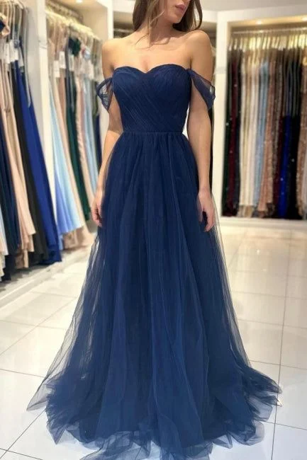 Women's Activewear Outfit Elegant Long Navy Blue Off-the-shoulder A-line Sleeveless Prom Dress Y6767