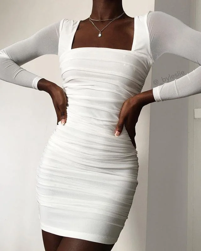 Women's Casual Attire Flash Sale FashionSierra - Square Collar Mesh Sleeve White Dress Women Solid Ruched Design Long Sleeve Dress Winter Night Clubwear Tight Vestidos