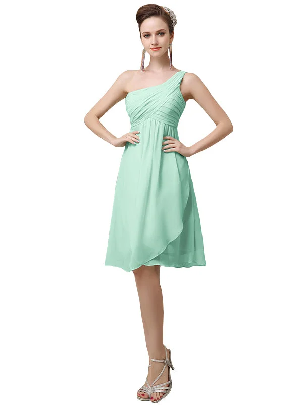 Affordable Women's Clothing Cute A-line Chiffon One Shoulder Knee-Length Midi Short Bridesmaid Dresses Online