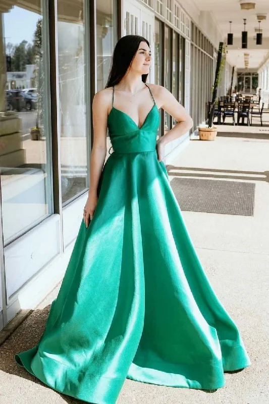 Women's Formal Event Outfit Green v neck satin long prom dress green long formal dress    cg19165