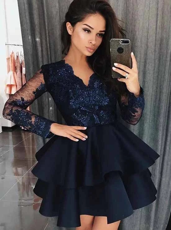 Women's Outdoor Attire Dark Blue Long Sleeves Satin Short Prom Dress Homecoming Dress With Appliques