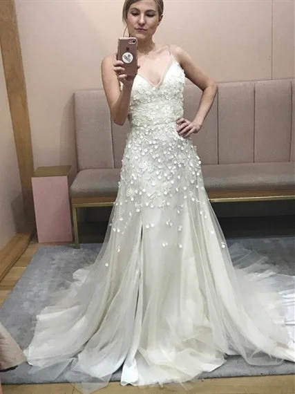 Women's Everyday Garments Spagetti Long A-line Lace Appliques Wedding Dresses, Side Slit Wedding Dresses, 2020 Wedding Dresses