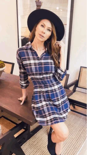 Women's Professional Garments Plaid Button Down Fitted Mini Shirt Dress with Spread Collar and Tabbed Long Sleeves (4726DY)