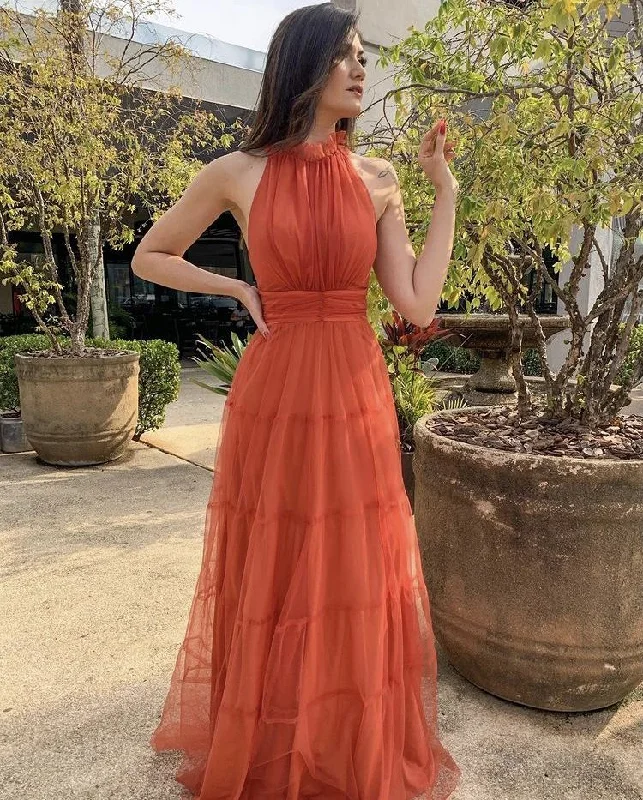 Women's Vacation Outfit Set Elegant A-line Orange Sleeveless Tulle Prom Dress,Orange Evening Dress Y5327