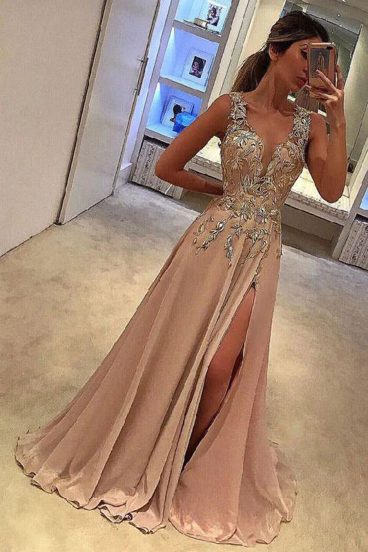 Stylish Women's Outfit A Line Split Deep V-Neck Sleeveless Prom Dress with Appliques N876