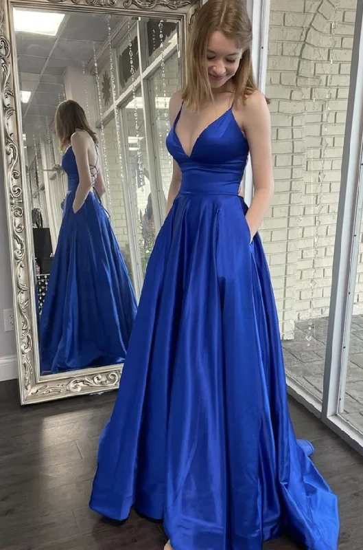 Women's Luxury Attire Blue satin long prom dress A line v neck evening dress   cg18201