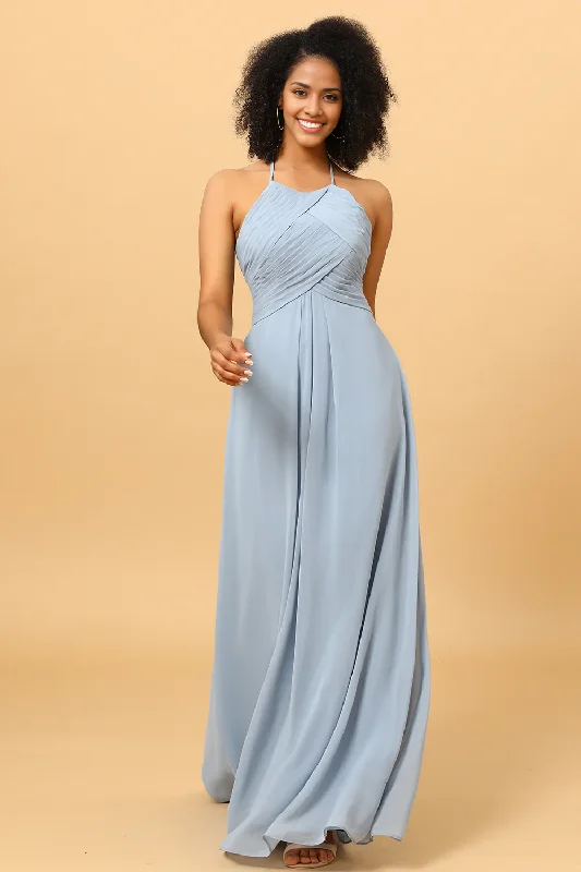 Women's Fashionable Attire For Work Halter Chiffon Blue Bridesmaid Dress with Ruffles