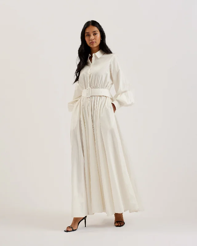 Chic Women's Garments Ene Button Down Maxi Shirt Dress With Belt White