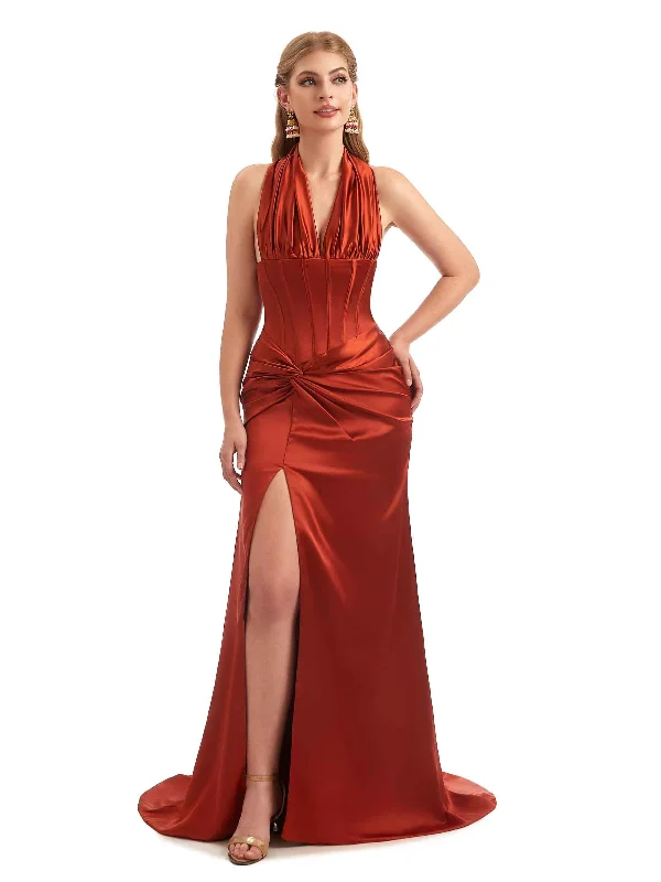 Women's Evening Wear Attire Sexy Side Slit Halter Mermaid Silky Satin Unique Long Boho Chic Bridesmaid Dresses