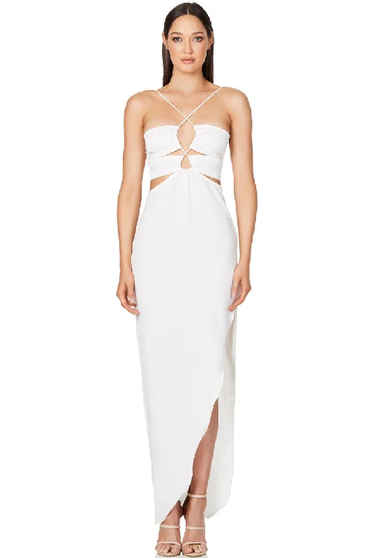 Women's Fashion-Forward Apparel Silky Satin Cross Front Cutout Slit Cocktail Party Dress - White