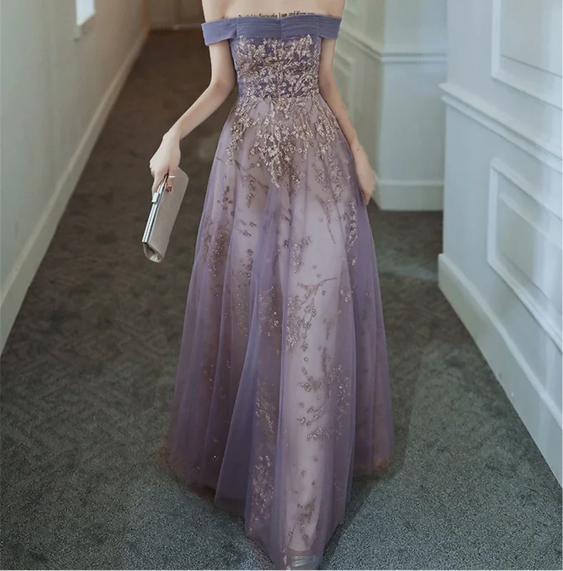 Women's Travel Outfit Set Dreamy Purple Prom Dress off Shoulder Evening Dress Elegant Long Banquet Dress Sleeveless Party Dress Girl Graduation Dress Y4286