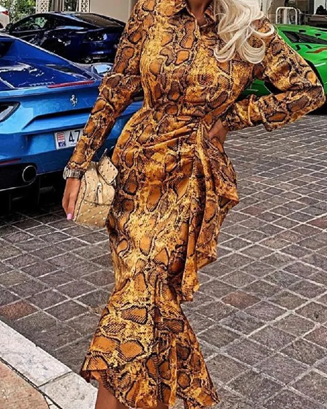 Women's Charming Outfit For Events Parisian Effortless Chic Style FashionSierra - Snake Print Midi Fishtail Dress Women Ruffles Designed Long Sleeve Dress Winter 2019 Elegant Ol Party Dresses