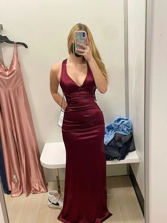 Women's Clothing For Everyday Wear Sexy Mermaid Burgundy Sleeveless Long Satin Prom Dress Evening Dresses C2150