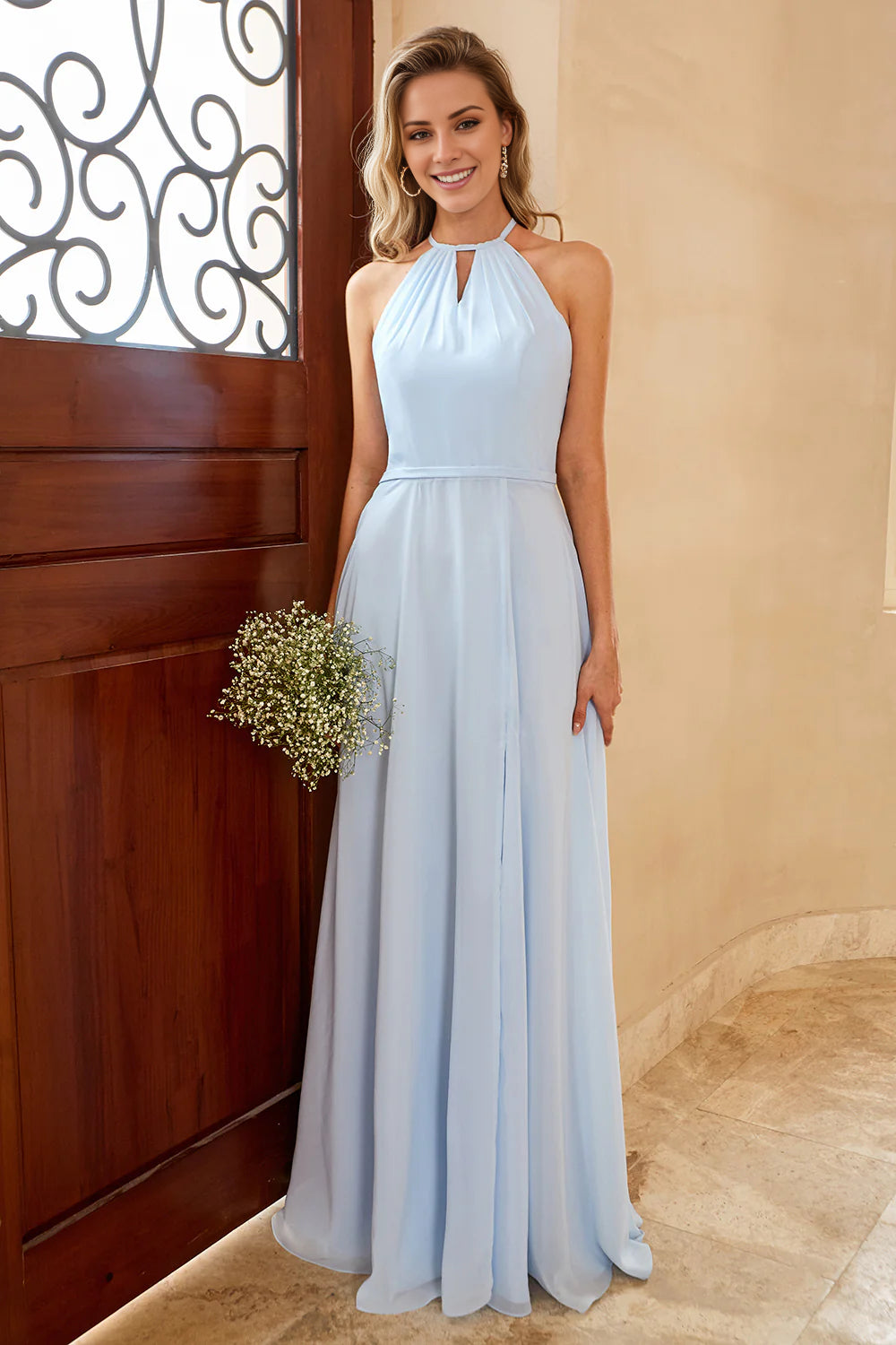 Casual Clothes For Women Sky Blue Halter Open Back Bridesmaid Dress