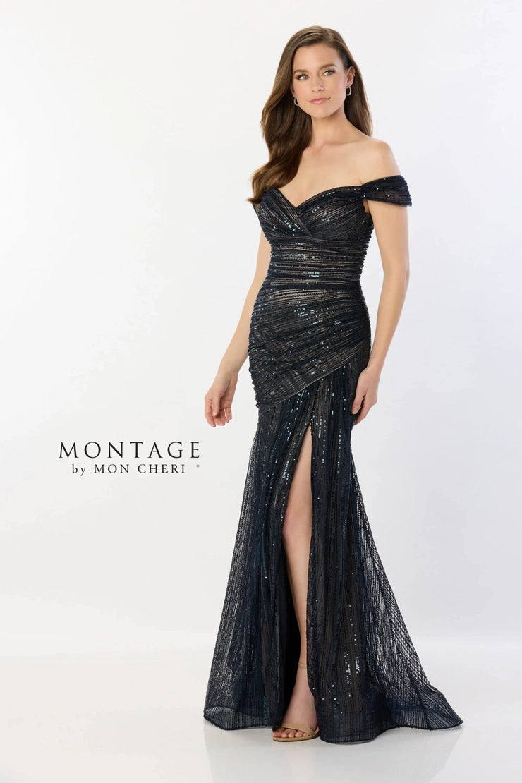 Fashionable Women's Clothes Montage M2240 Off Shoulder Sparkle with Slit Gown