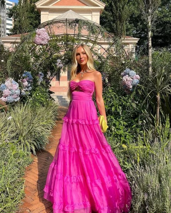 Casual Outfit For Women Hot Pink Formal Occasion Dress Sweetheart Long Party Dress Tiered Sleeveless Sexy Evening Dress Y6183